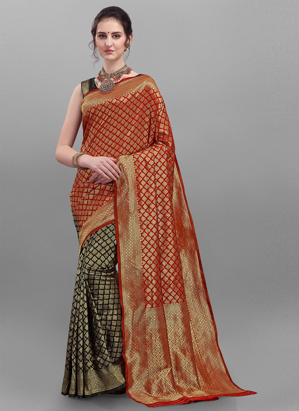 Weaving Banarasi Silk Shaded Saree in Green and Red