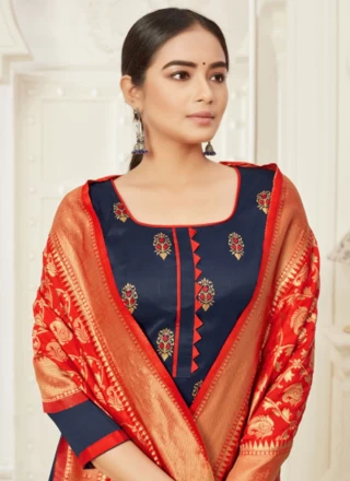 Weaving Cotton Silk Churidar Salwar Suit in Navy Blue and Red