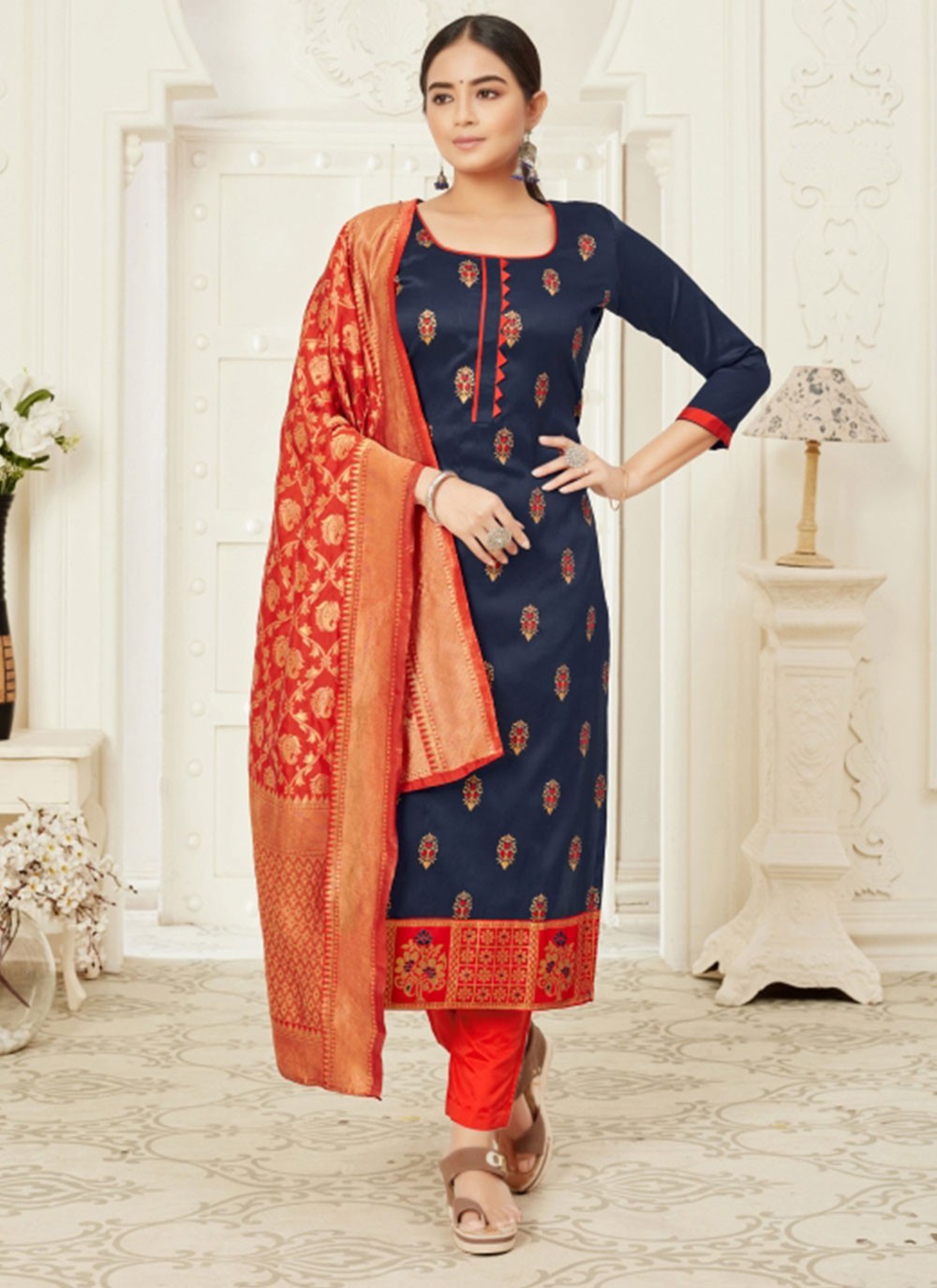 Weaving Cotton Silk Churidar Salwar Suit in Navy Blue and Red