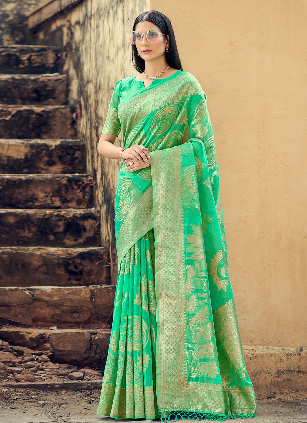 Weaving Cotton Silk Green Classic Saree