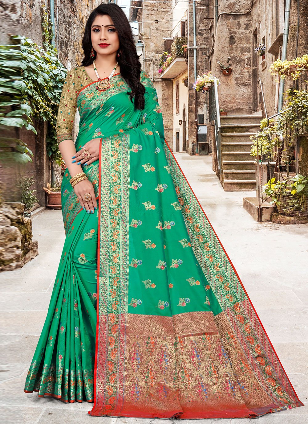 The China Rose' Cream Pure Katan Silk Banarasi Handloom Saree - Tilfi