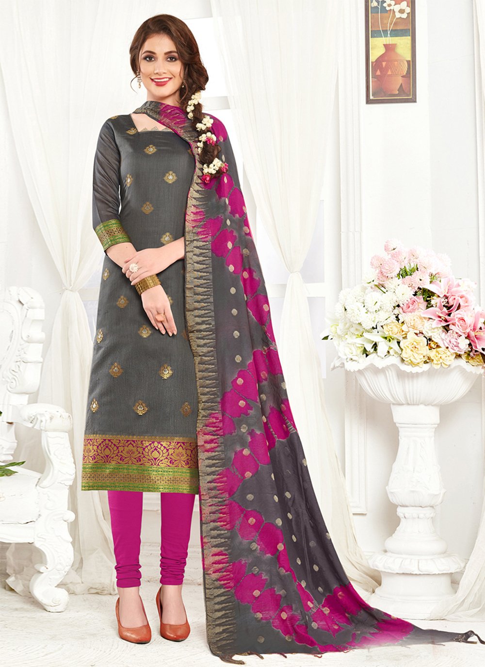 Weaving Grey Banarasi Silk Pakistani Straight Suit