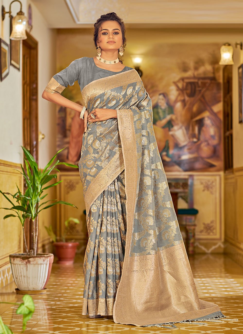 Weaving Grey Linen Classic Designer Saree