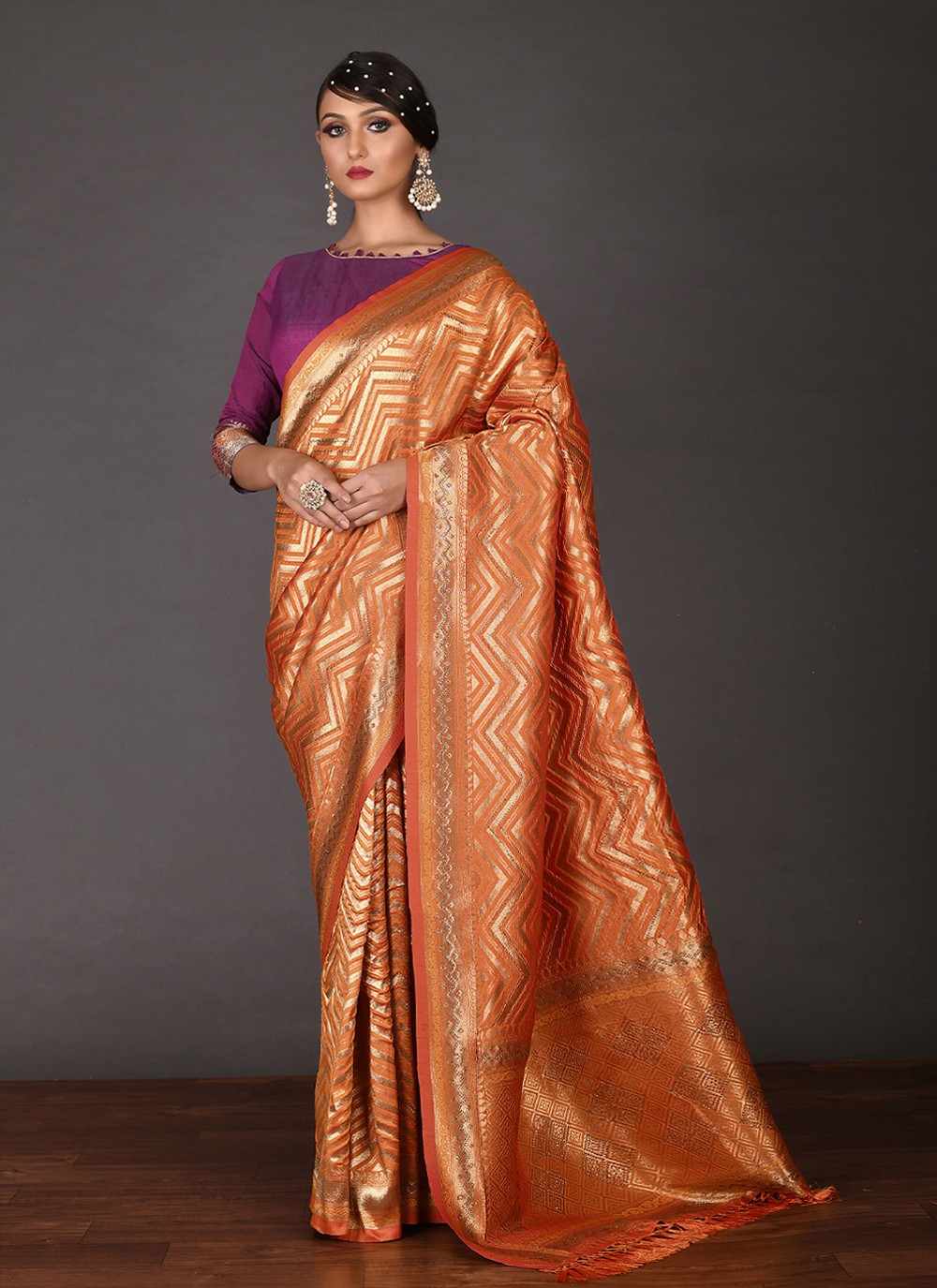 Weaving Kanjivaram Silk Orange Designer Saree