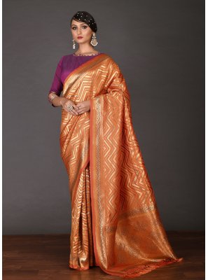 Weaving Kanjivaram Silk Orange Designer Saree