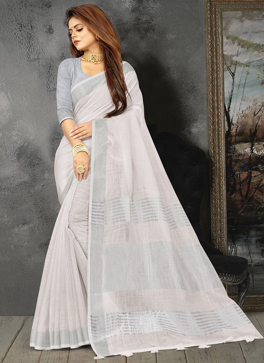 Weaving Linen Traditional Saree in Off White