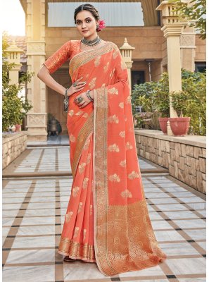 Weaving Linen Traditional Saree in Salmon