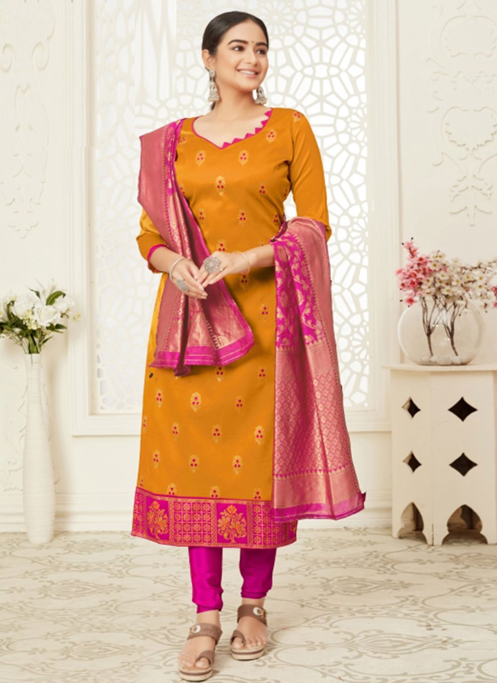 Weaving Mustard and Pink Churidar Salwar Suit 