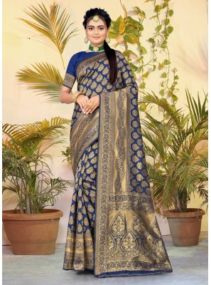 Weaving Navy Blue Banarasi Silk Classic Designer Saree