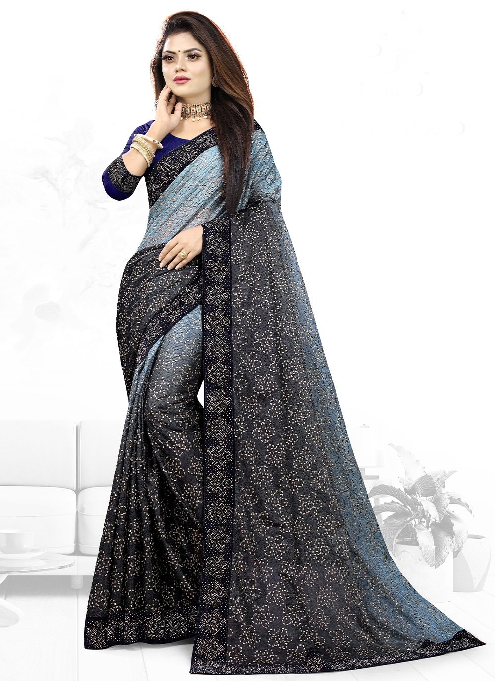 Weaving Net Blue Contemporary Saree