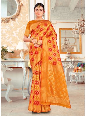 Weaving Orange Banarasi Silk Classic Saree