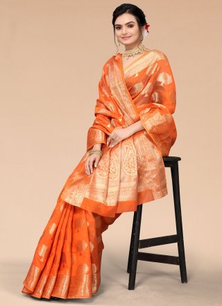 Weaving Orange Organza Classic Saree