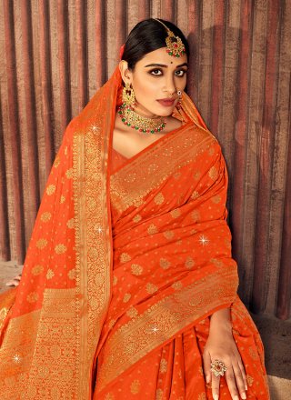 Weaving Orange Silk Contemporary Saree