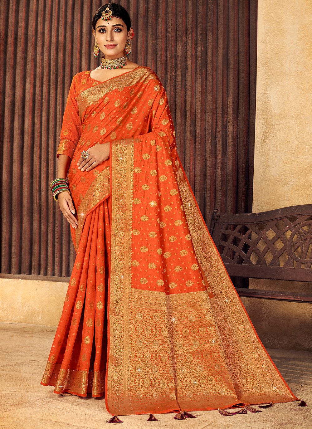 Weaving Orange Silk Contemporary Saree