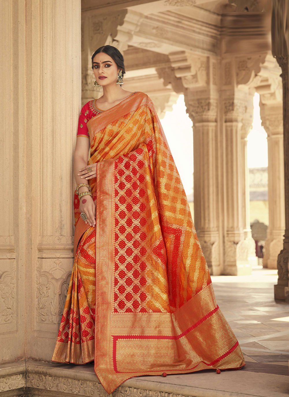 Weaving Orange Silk Designer Traditional Saree