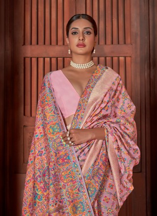 Weaving Pashnima Silk Traditional Saree in Pink