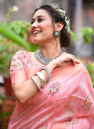 Weaving Pink Tussar Silk Trendy Saree