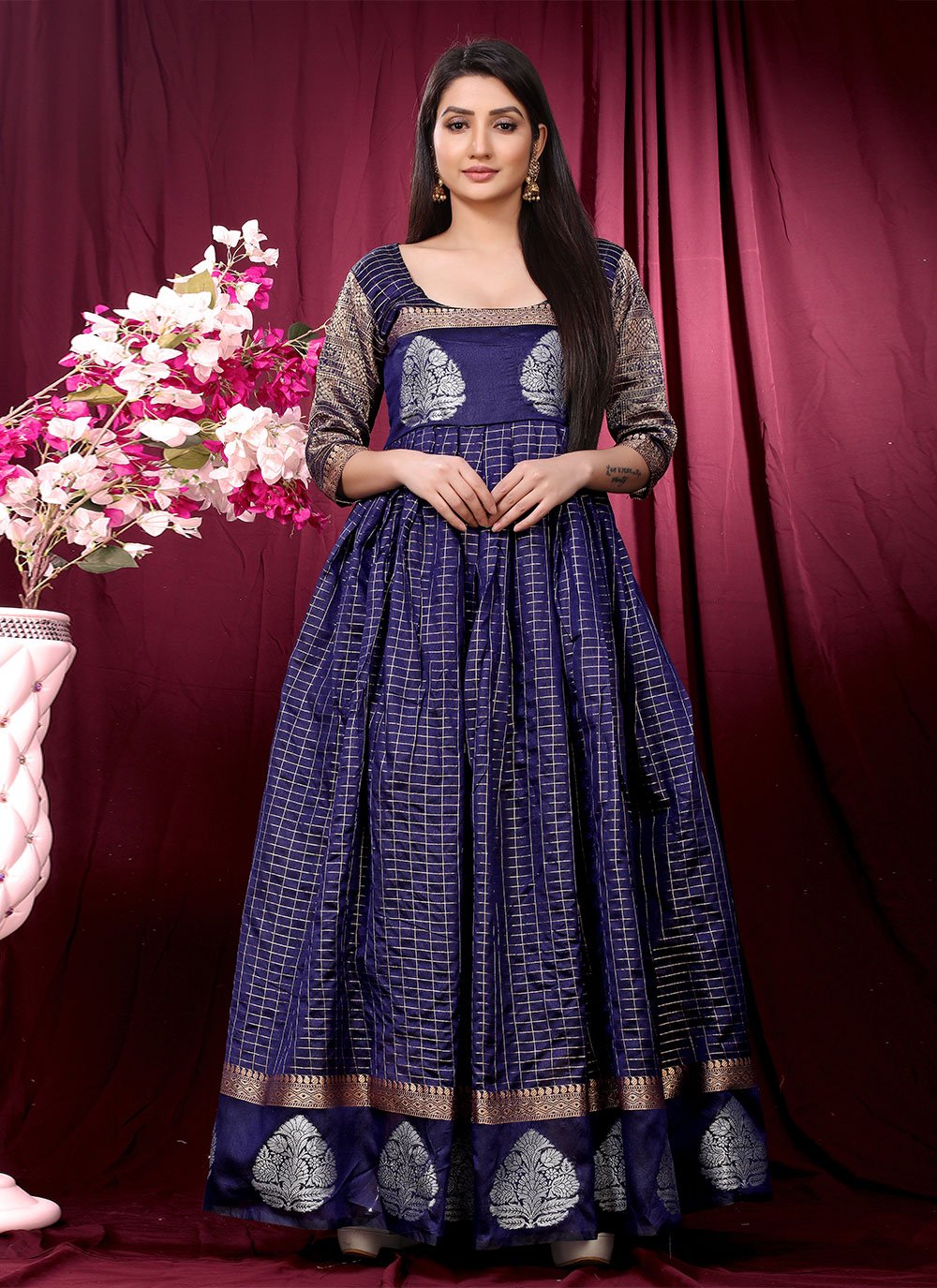 Weaving Pure Silk Blue Readymade Gown