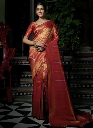Weaving Raw Silk Traditional Designer Saree in Red