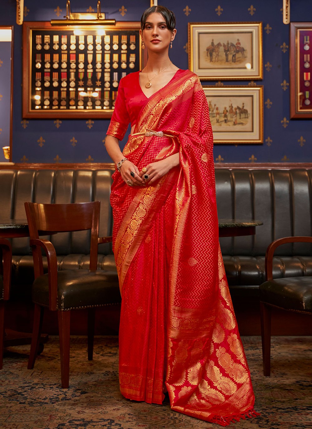 Weaving Satin Silk Red Traditional Saree