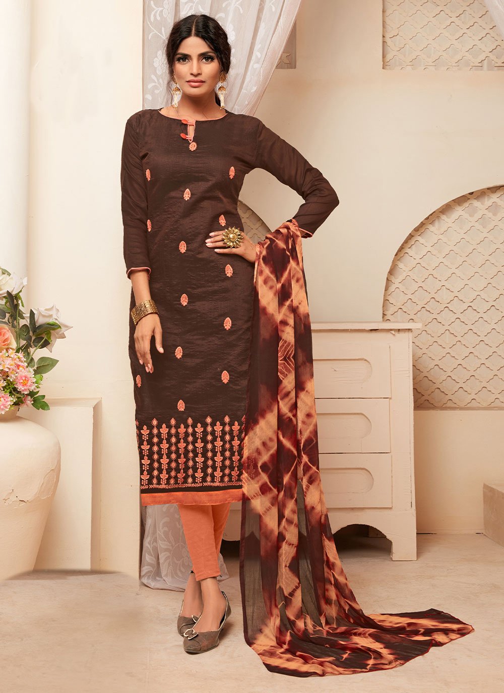 Weaving Silk Salwar Suit in Brown