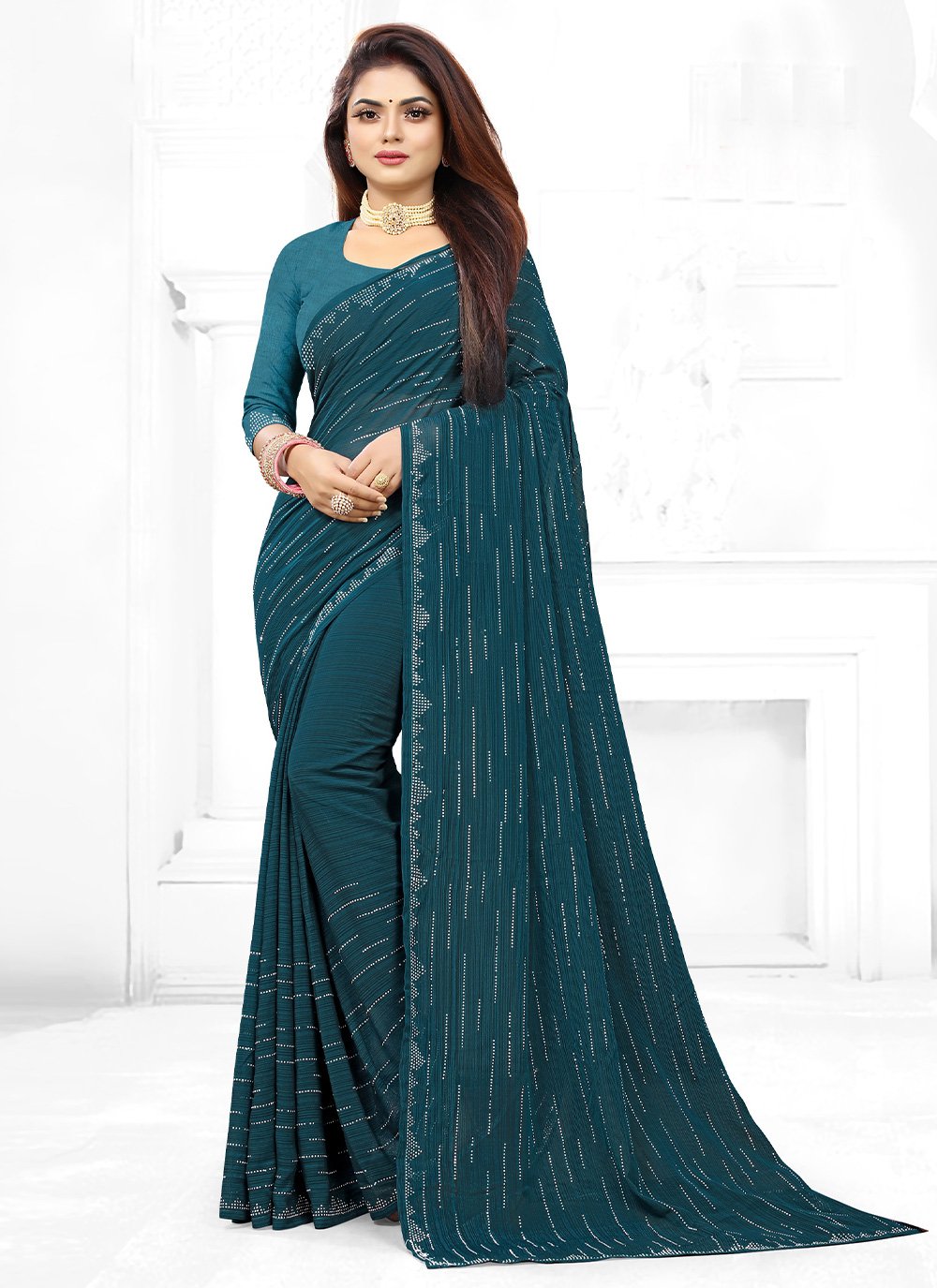 Weaving Teal Georgette Contemporary Saree