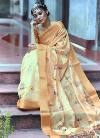Weaving Tussar Silk Orange Classic Saree