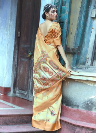 Weaving Tussar Silk Orange Classic Saree