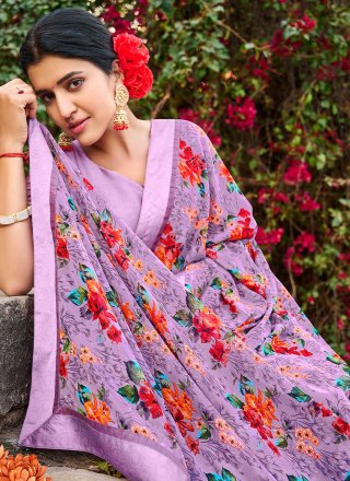 Weight Less Floral Print Trendy Saree in Purple
