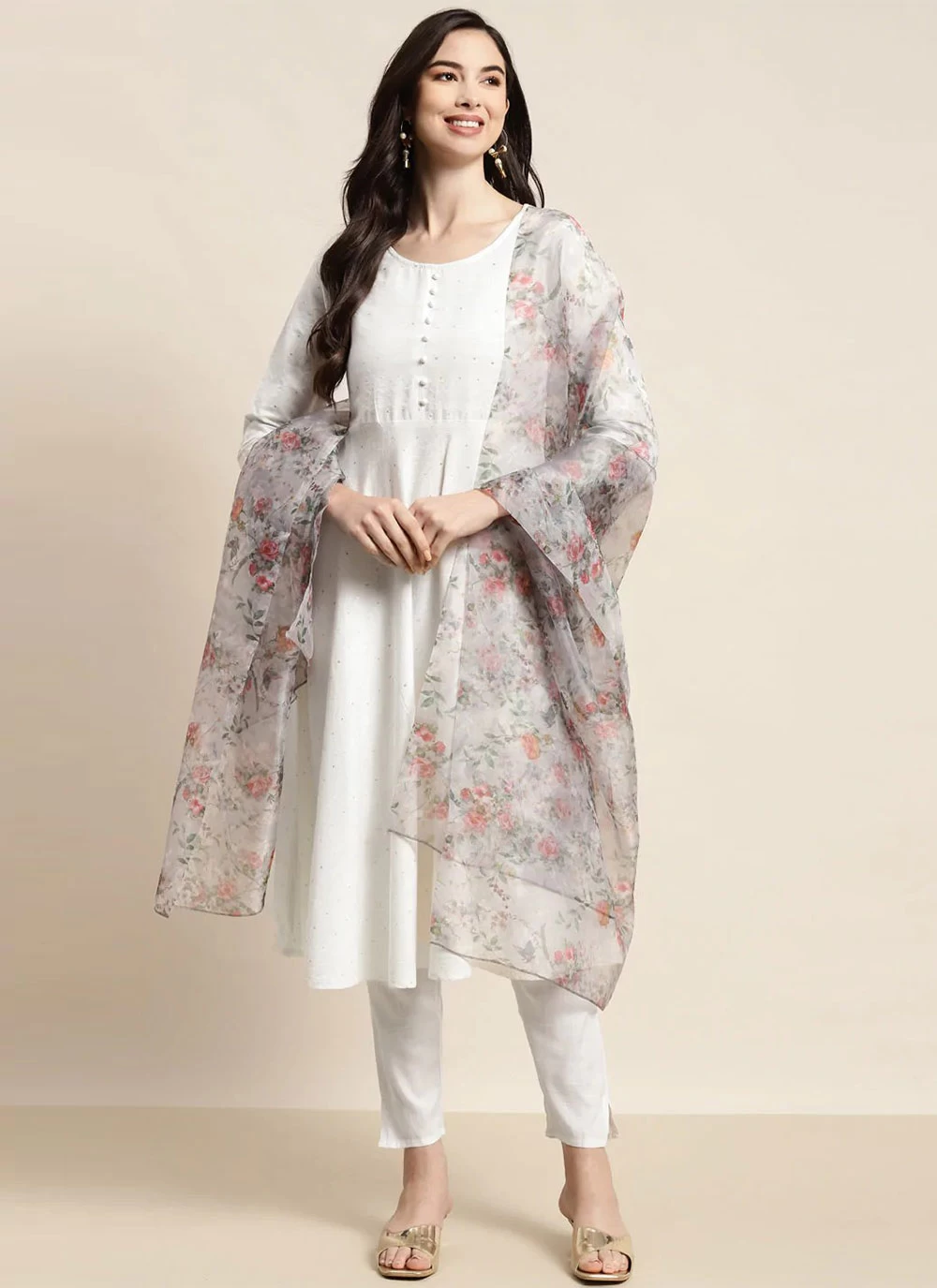 White Cotton Floral Print Readymade Salwar Suit