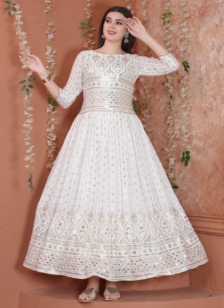 White Faux Georgette Party Trendy Gown
