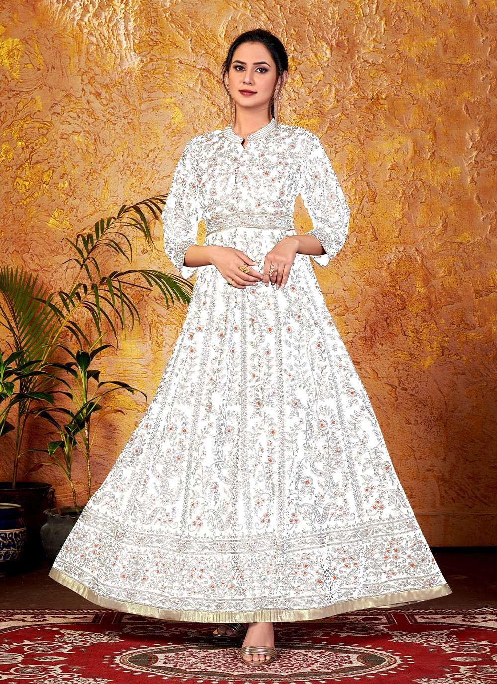 White Foil Print Rayon Readymade Designer Gown