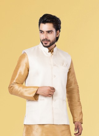 White Jacquard Silk Embroidered Nehru Jackets