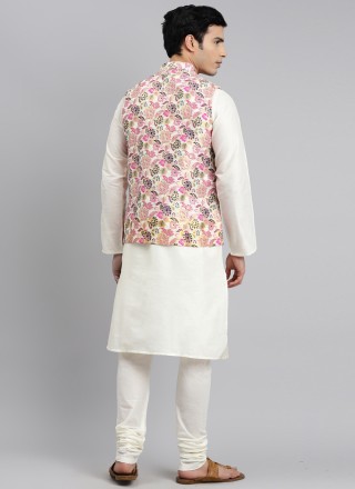White Printed Mehndi Kurta Payjama With Jacket