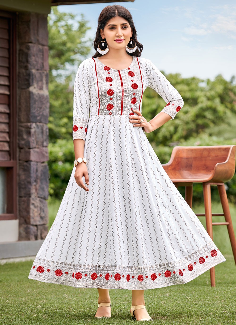 White Printed Rayon Designer Gown