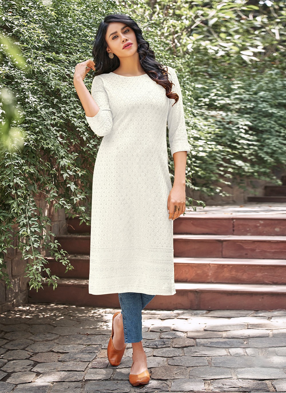 Plain White Anarkali Kurti With Embroidered Jacket