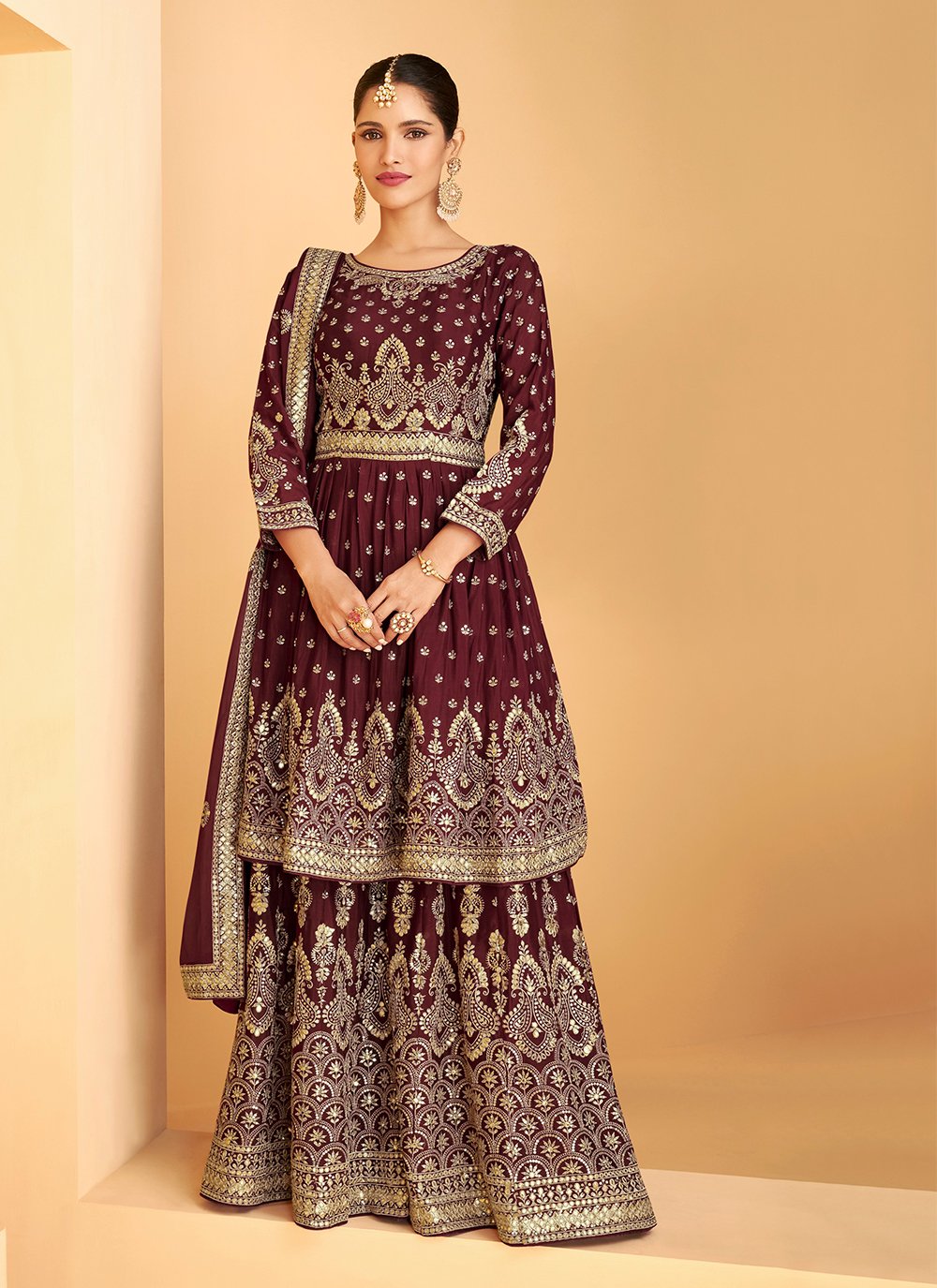 Wine Embroidered Faux Georgette Designer Palazzo Salwar Suit