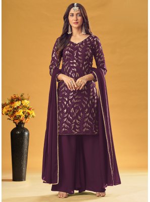 Wine Embroidered Faux Georgette Readymade Salwar Suit