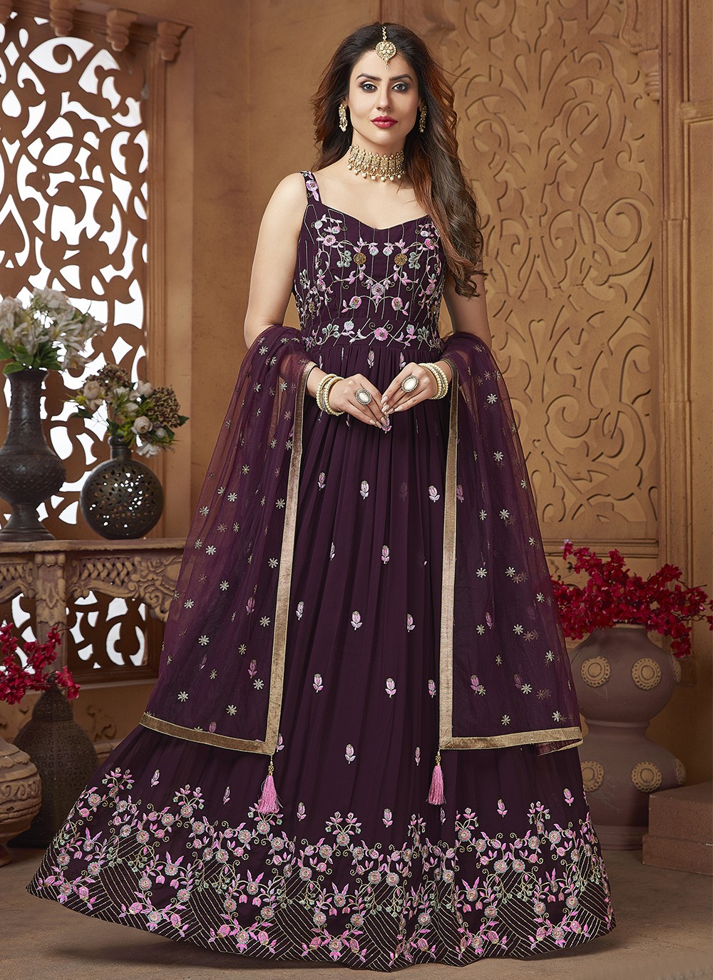 Wine Embroidered Readymade Gown