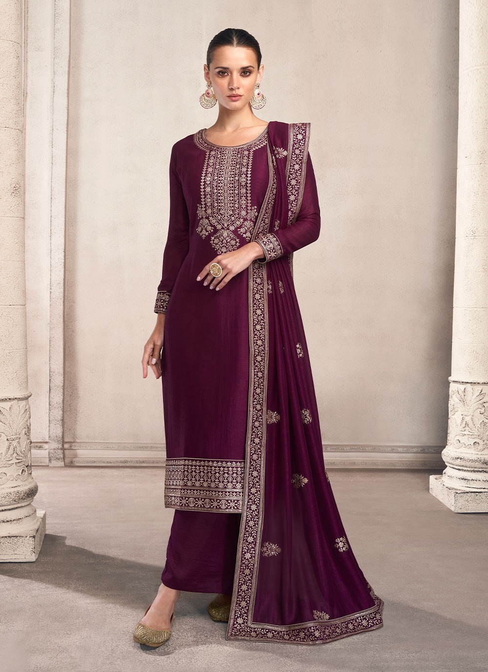 Wine Embroidered Silk Trendy Salwar Suit