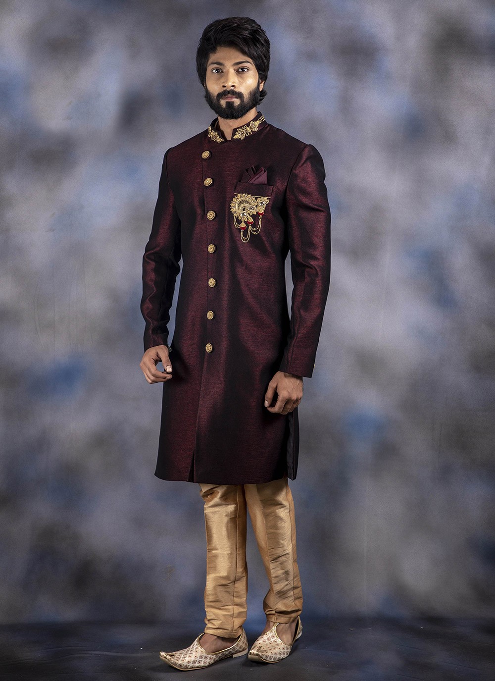 wine colour indo western for groom