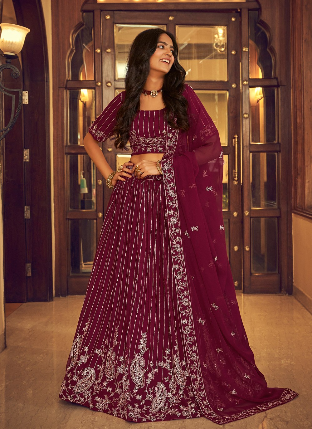 Wine Color Silk Sequins Embroidery Lehenga for Wedding Guest 1001 – Mohi  fashion