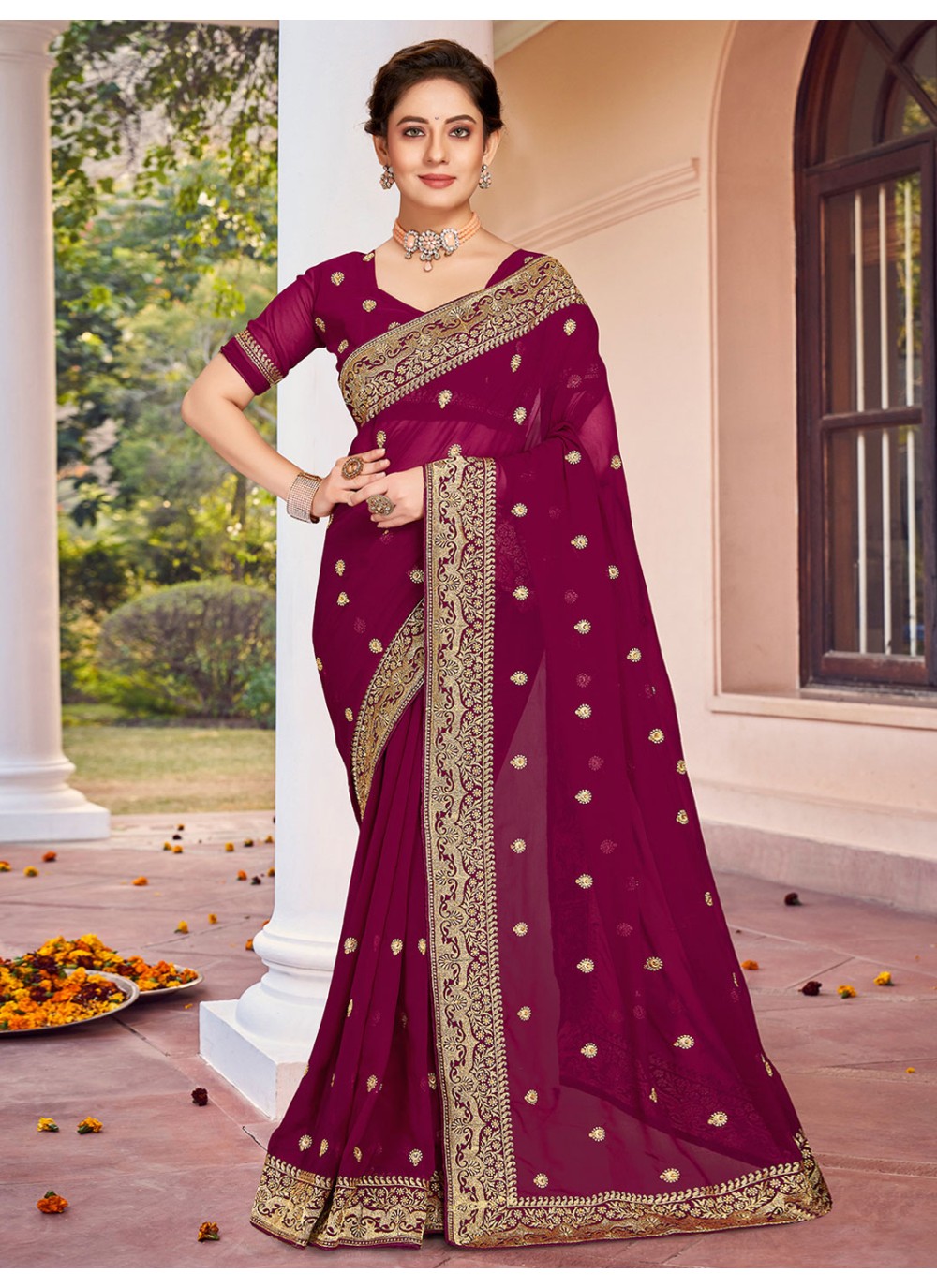 Reception, Wedding Red and Maroon color Georgette fabric Saree : 1798137