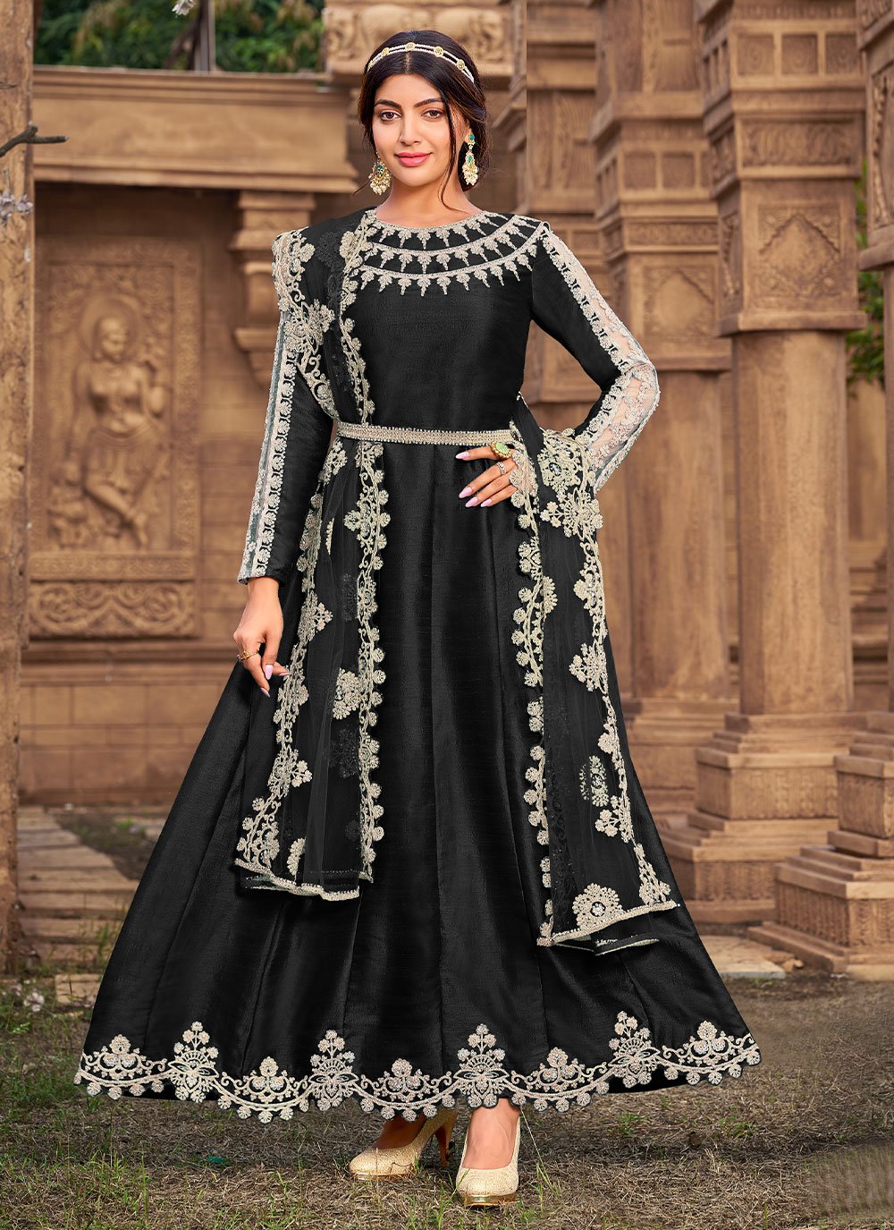 Woven Black Silk Anarkali Suit