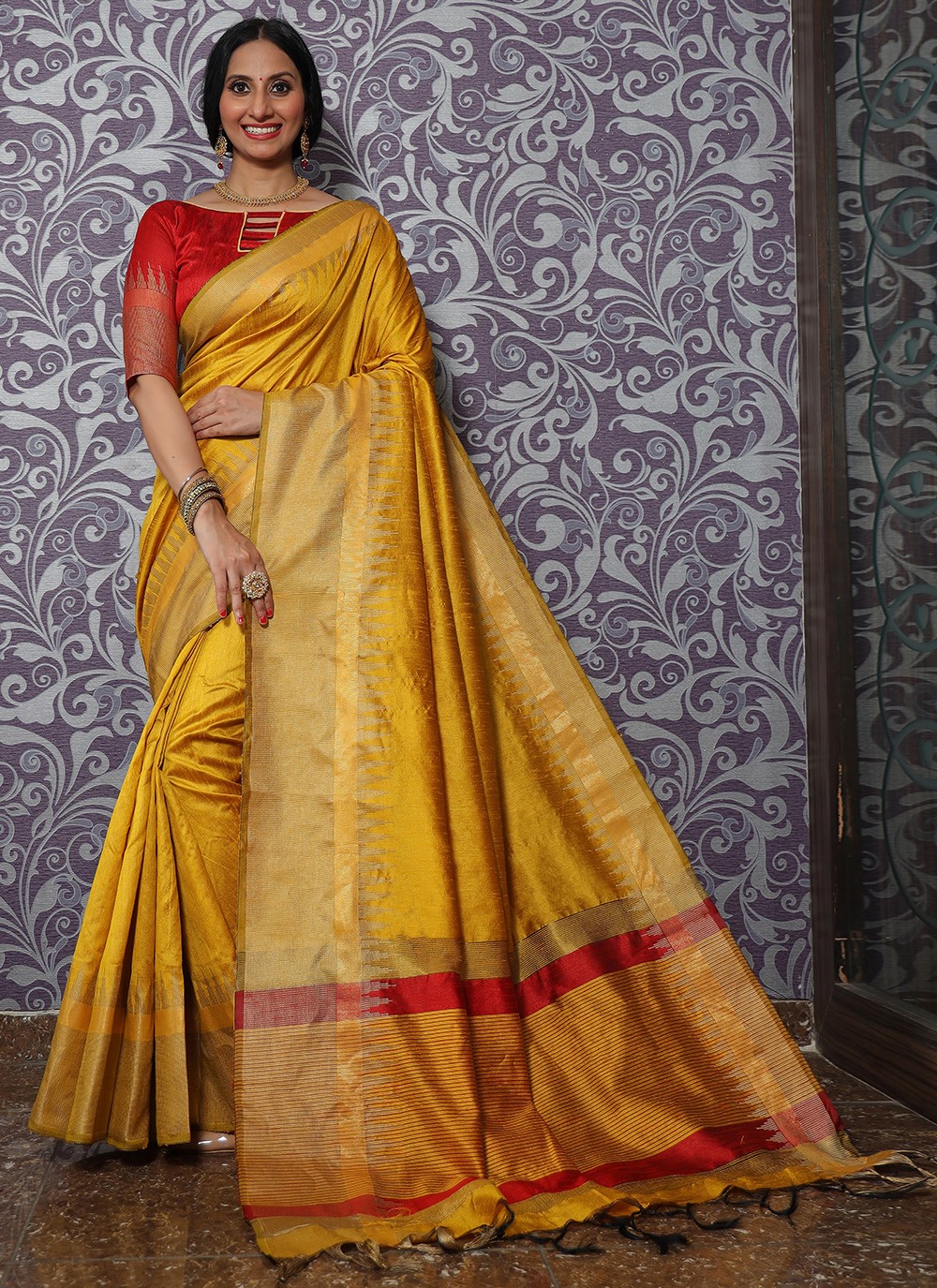 Woven Raw Silk Yellow Designer Traditional Saree