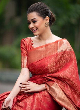 Woven Red Traditional Designer Saree
