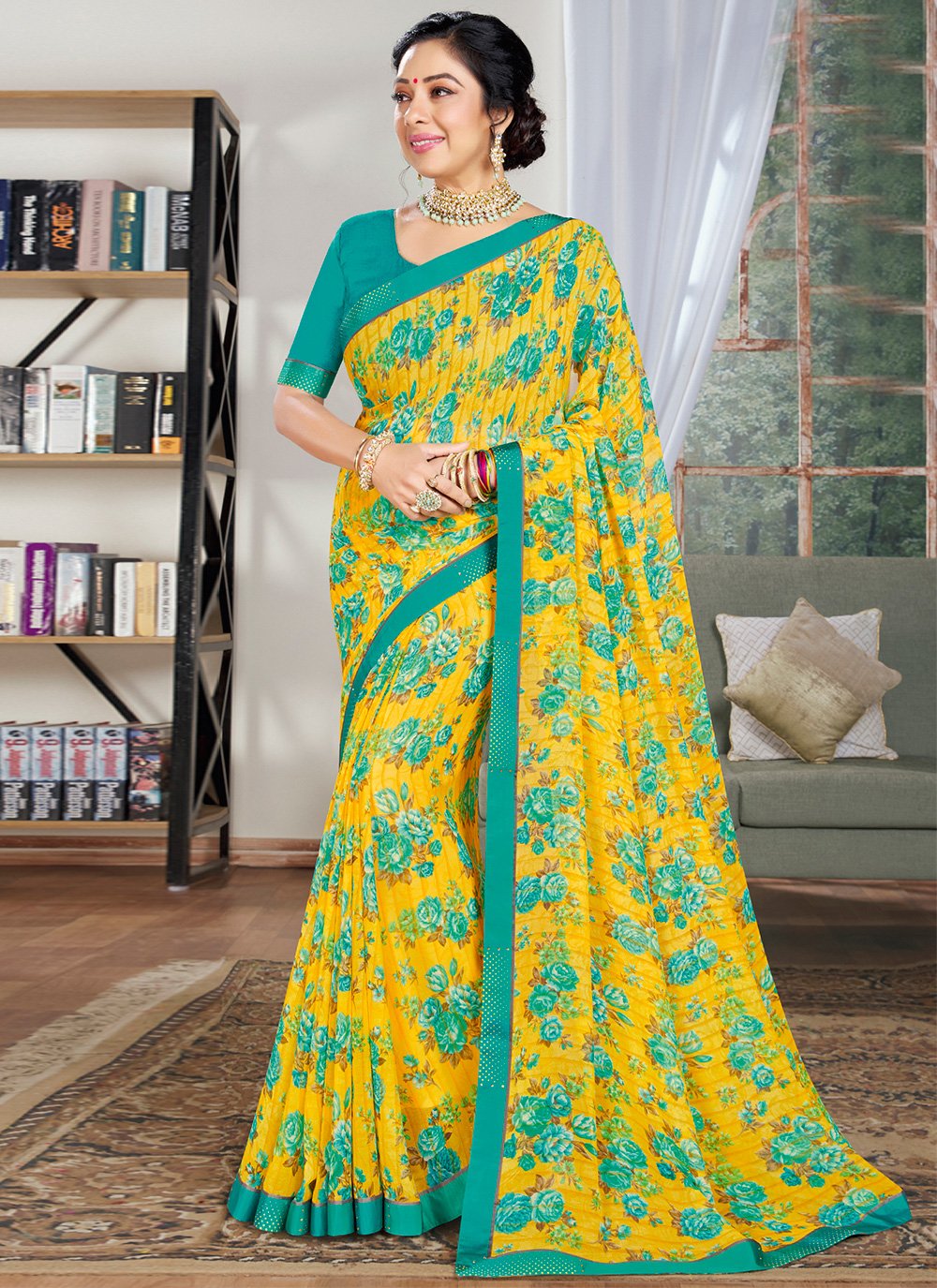 Yellow Abstract Print Faux Georgette Saree