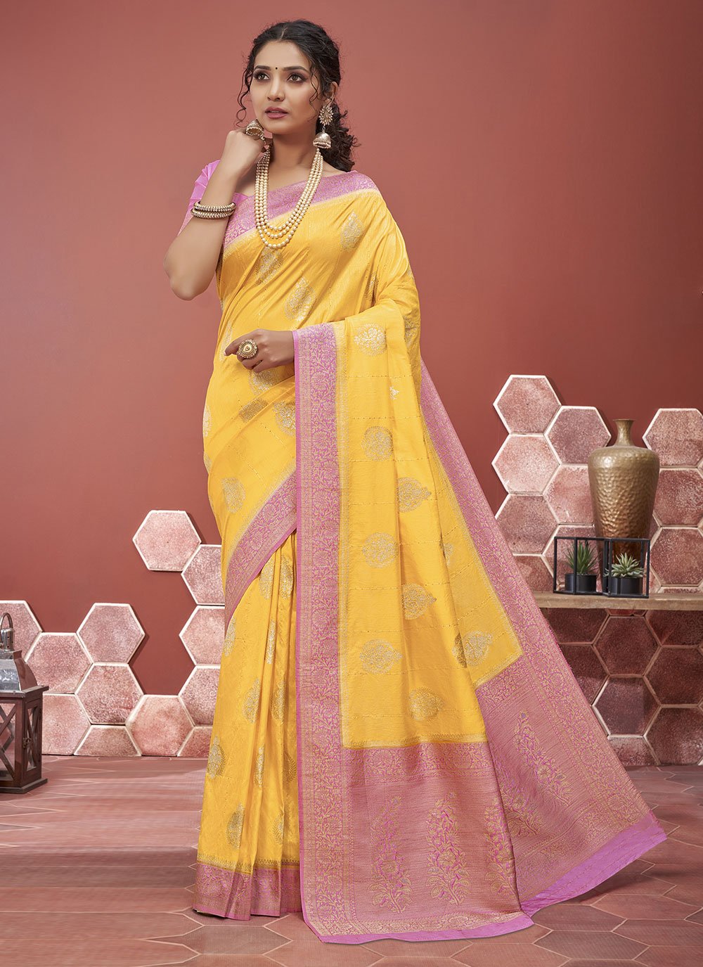 Yellow Art Silk Traditional Designer Saree