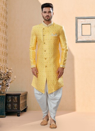 Yellow Banarasi Jacquard Party Indo Western Sherwani