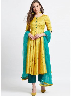 Yellow Butta Silk Blend Readymade Salwar Suit